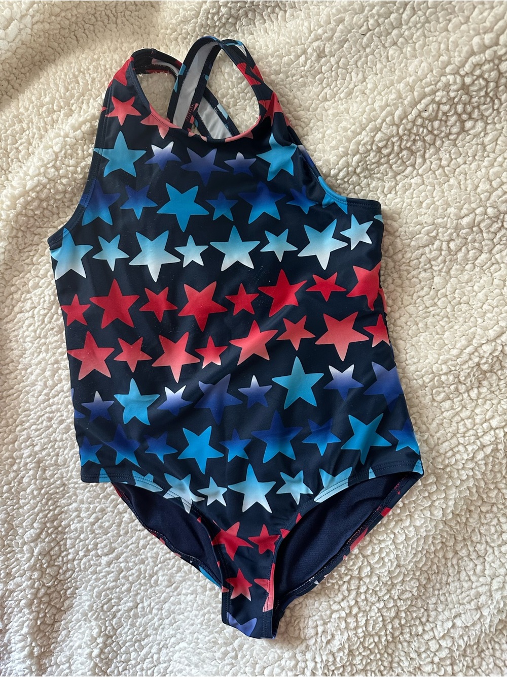 Lands' End Navy One-Piece Swimsuit with Red, Light Blue & Dark Blue Stars